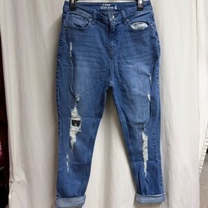 Hot Topic HT Denim Mom Jeans Size 5 Medium Wash Distressed Ripped High Rise